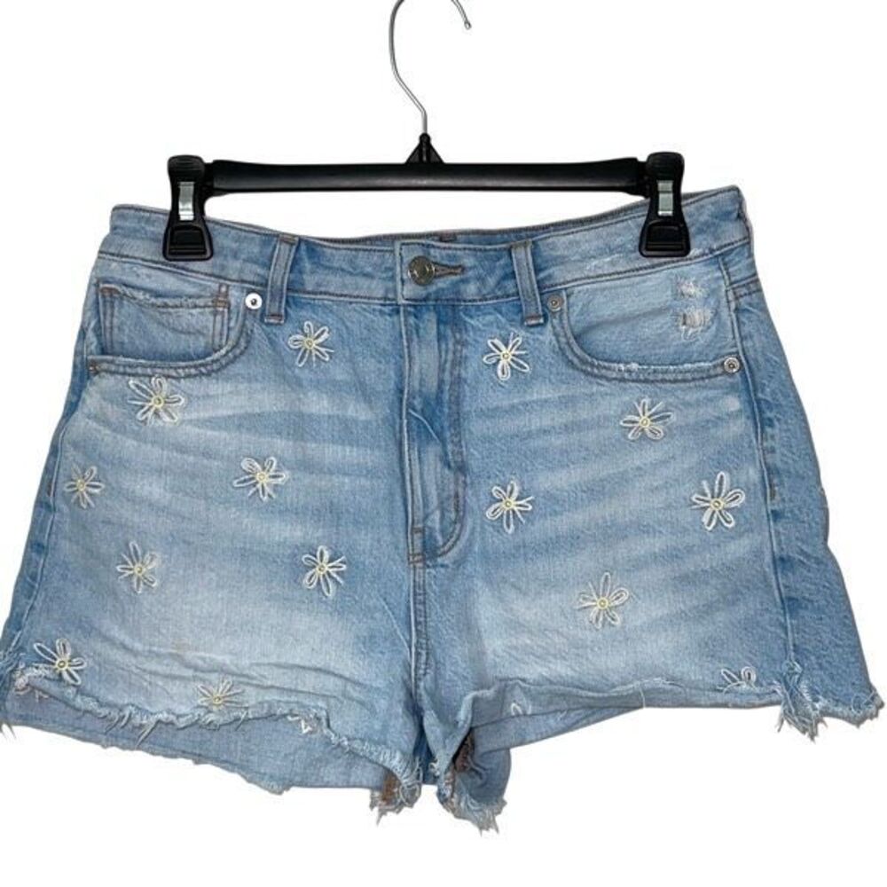 American‎ Eagle Womens Embroidered Frayed Hem Cutoff Mom Jean Shorts Blue Size 8